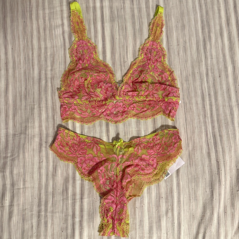 Savage X Bralette and Panty Set - Pink and Green